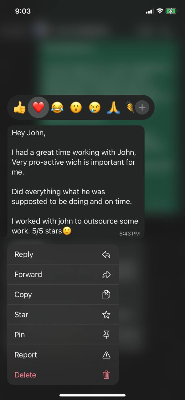 Original testimonial message from client